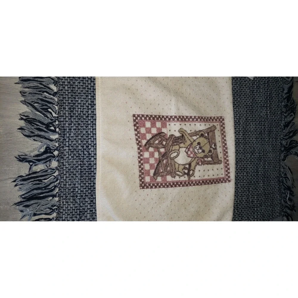 Vintage‎ Teddy Bear Embroidered Hand Towel Fringe Cream Blue Pink Polka Dot